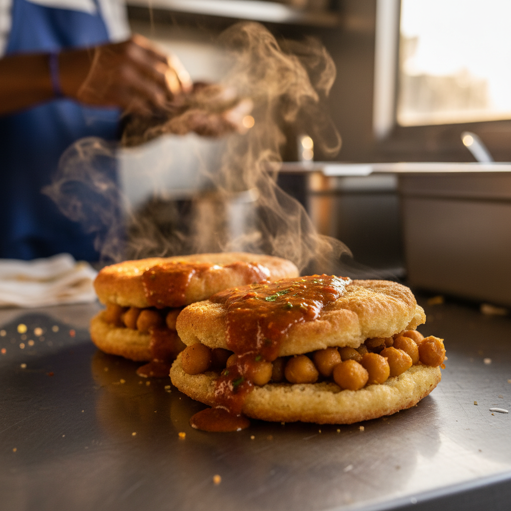 Steaming doubles on a food truck counter with golden bara and pepper sauce