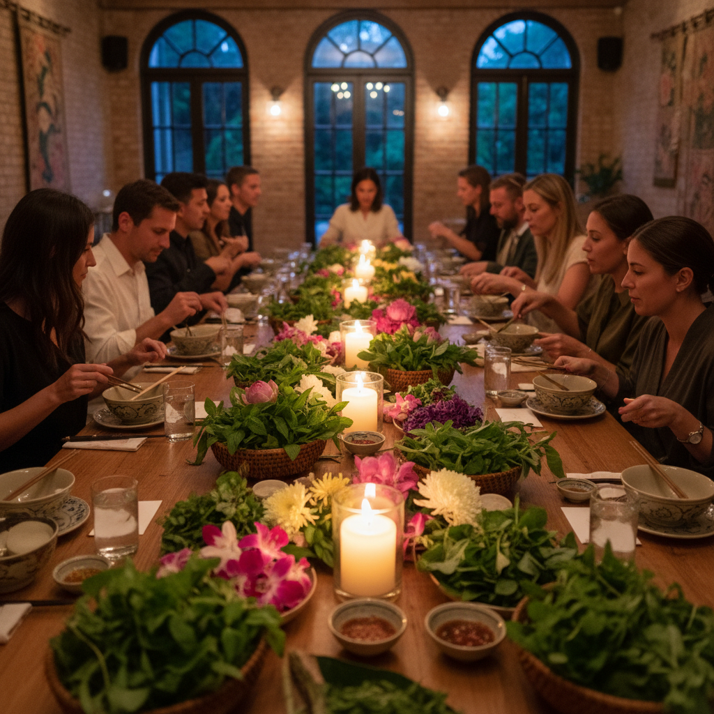 Warm candlelit ambiance of a private supper club dinner with Vietnamese herbs and flowers on table