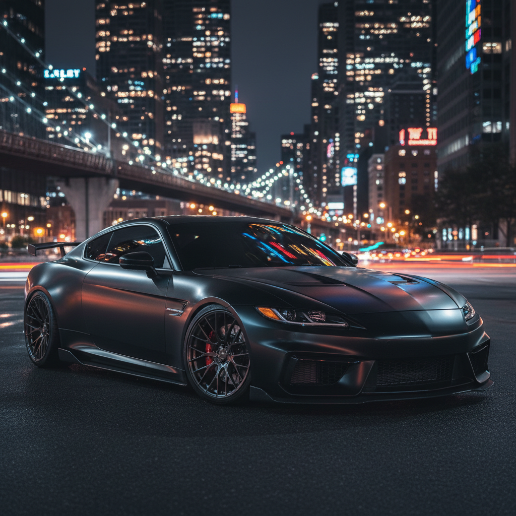 Vehicle with dramatic color transformation, satin or matte finish, premium automotive photography