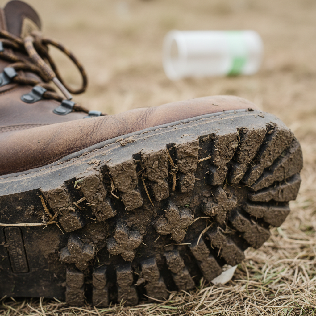 Mud-caked leather boot sole after three days at a festival, the earth still clinging to the welt