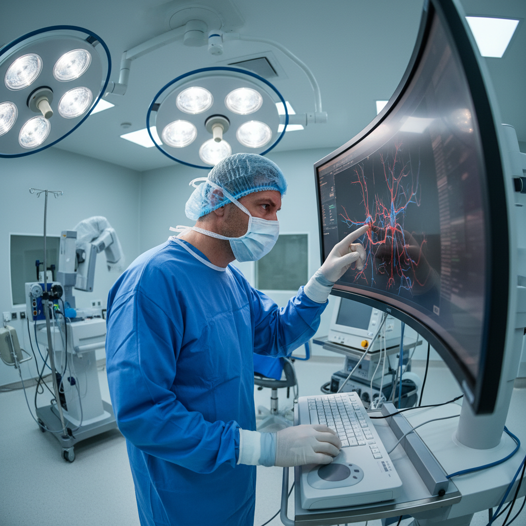 Surgeon reviewing laparoscopic monitor during minimally invasive sleeve gastrectomy procedure in modern operating room