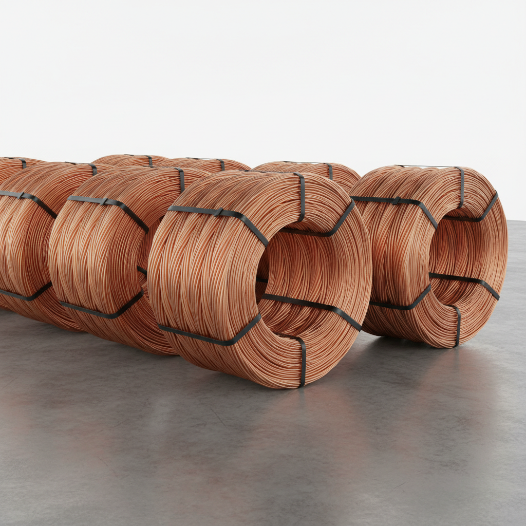 Shiny copper coils stacked neatly in a bright industrial warehouse