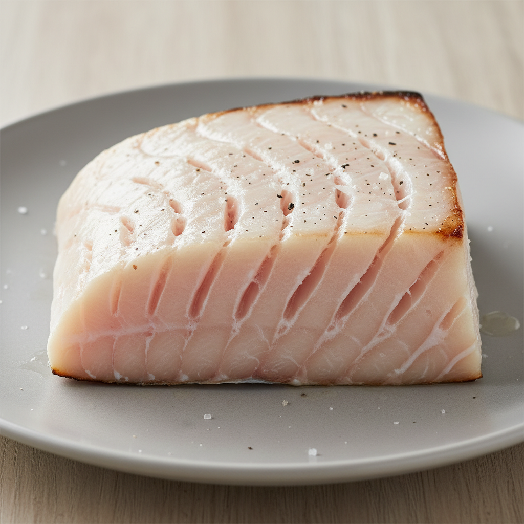Fresh swordfish steak with firm white flesh on a dark surface