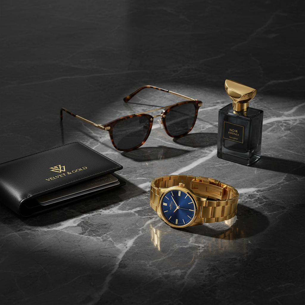 Bright product photography of luxury leather bags and gold accessories on ivory marble surface