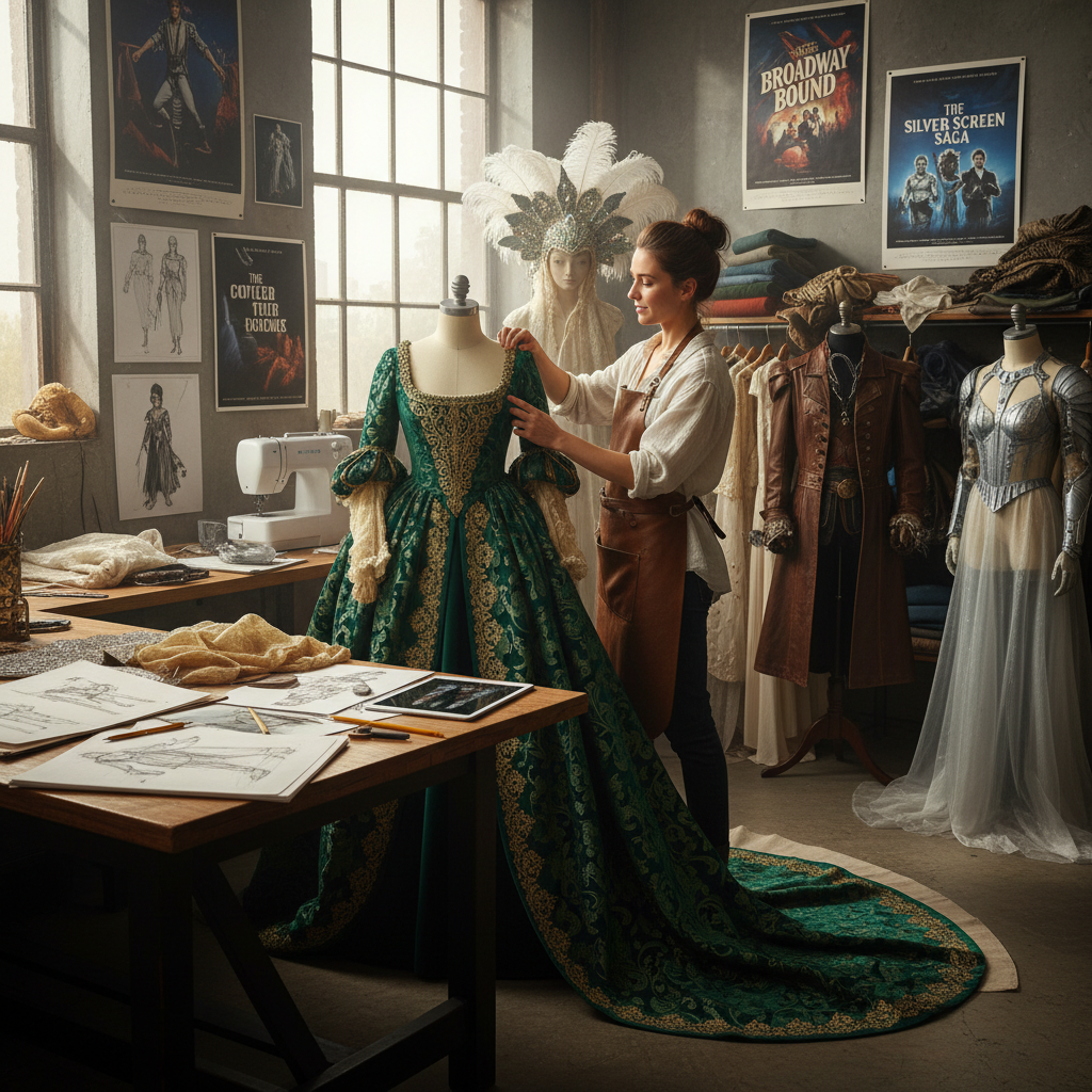 Costume design workshop with period garments on mannequins and fabric swatches on table