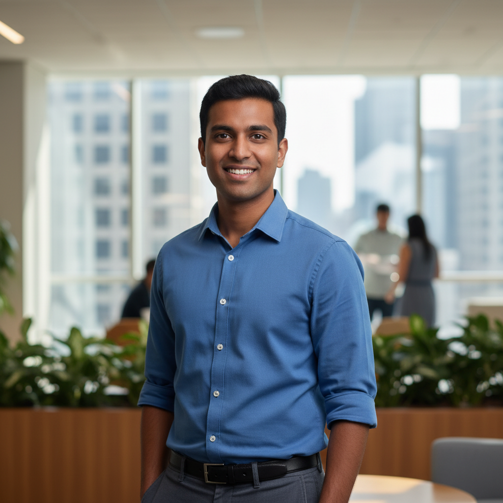 Young South Asian entrepreneur with friendly expression in casual business setting with natural lighting