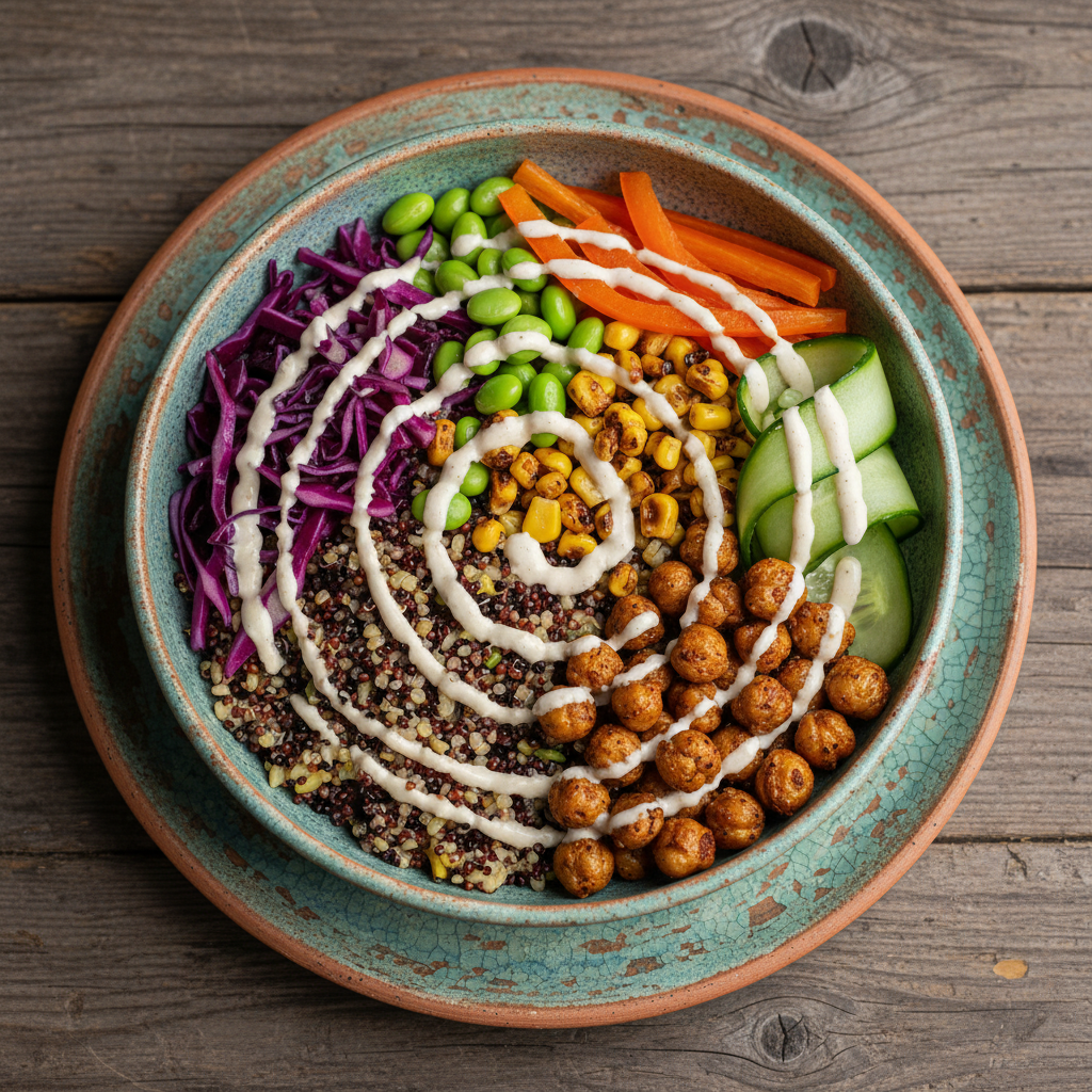 Colorful grain bowl with roasted vegetables, avocado, and tahini dressing