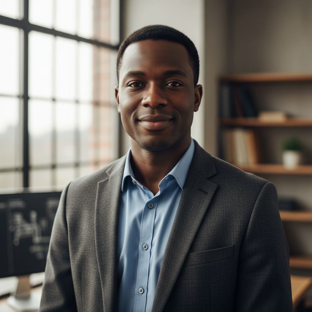 Professional Black male engineer in business casual attire in modern technology office environment