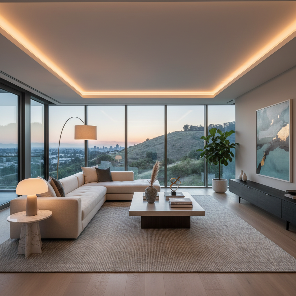 Luxury home decor interior with elegant furniture, warm lighting, and premium decorative accessories arranged in a sophisticated living space