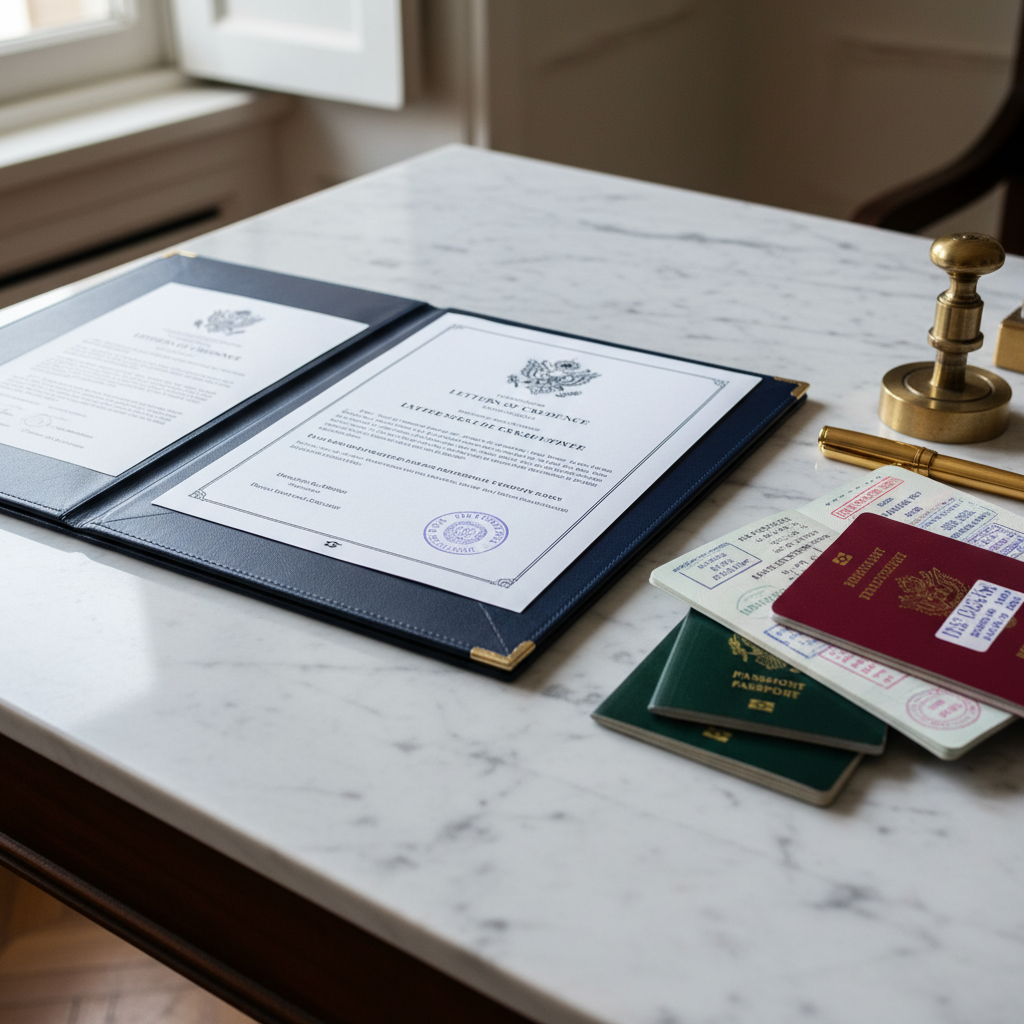 Diplomatic credentials and stamped passports on a marble desk