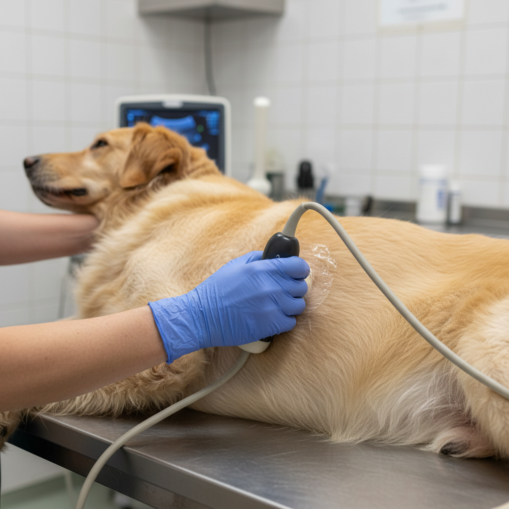 Veterinarian performing an echocardiogram on a large breed dog