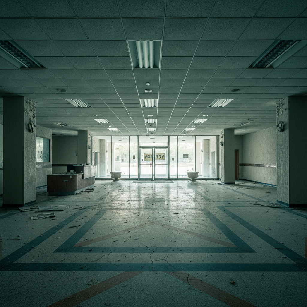 Distressed high-rise lobby with fluorescent lighting, worn terrazzo floors, and vacancy signage visible through glass doors