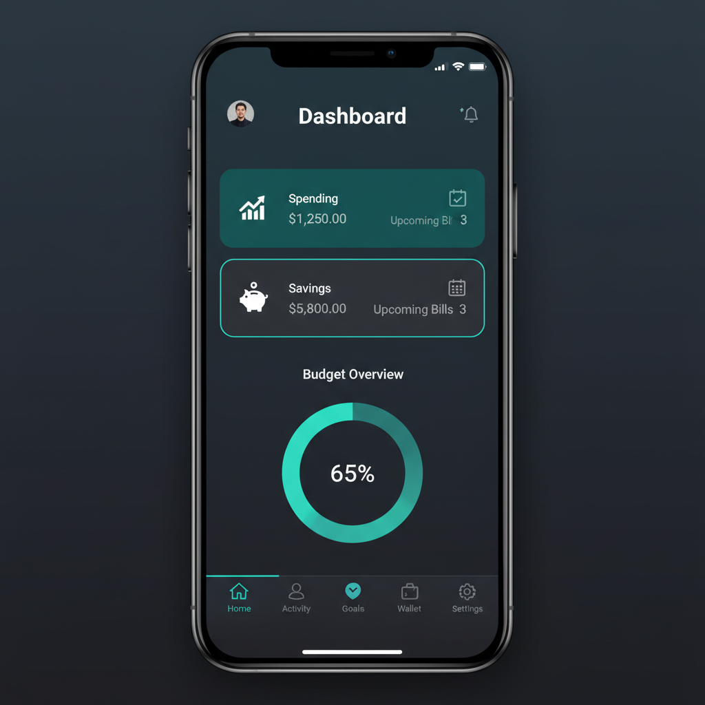 Dark mobile app interface with neon cyan accents on deep black background