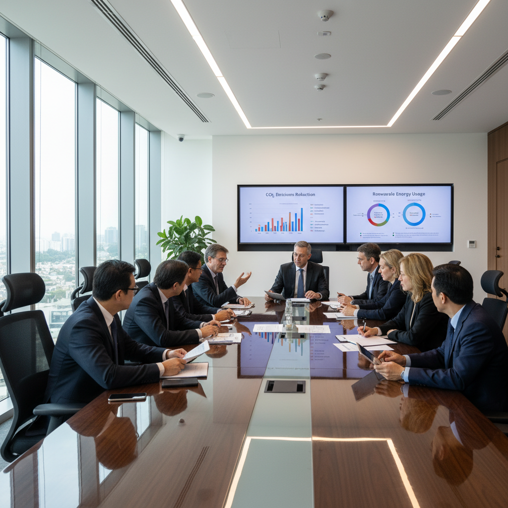 Diverse enterprise leadership team in a bright modern boardroom with panoramic city views discussing strategy on whiteboards