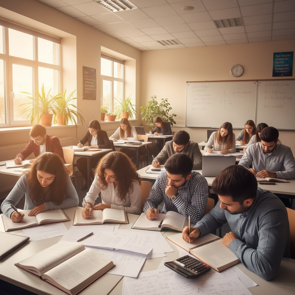 Lycéens concentrés sur leurs cahiers dans une salle de cours ensoleillée