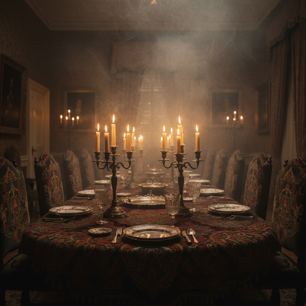 Candlelit Victorian dinner table with candelabras and dark atmospheric decor and smoke