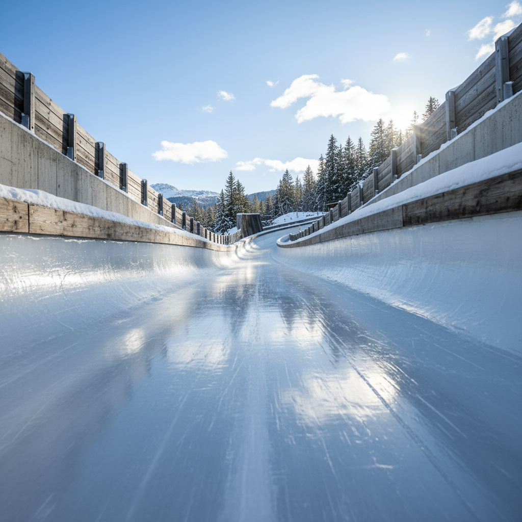 First-person POV luge track view from the start ramp, ice surface stretching ahead