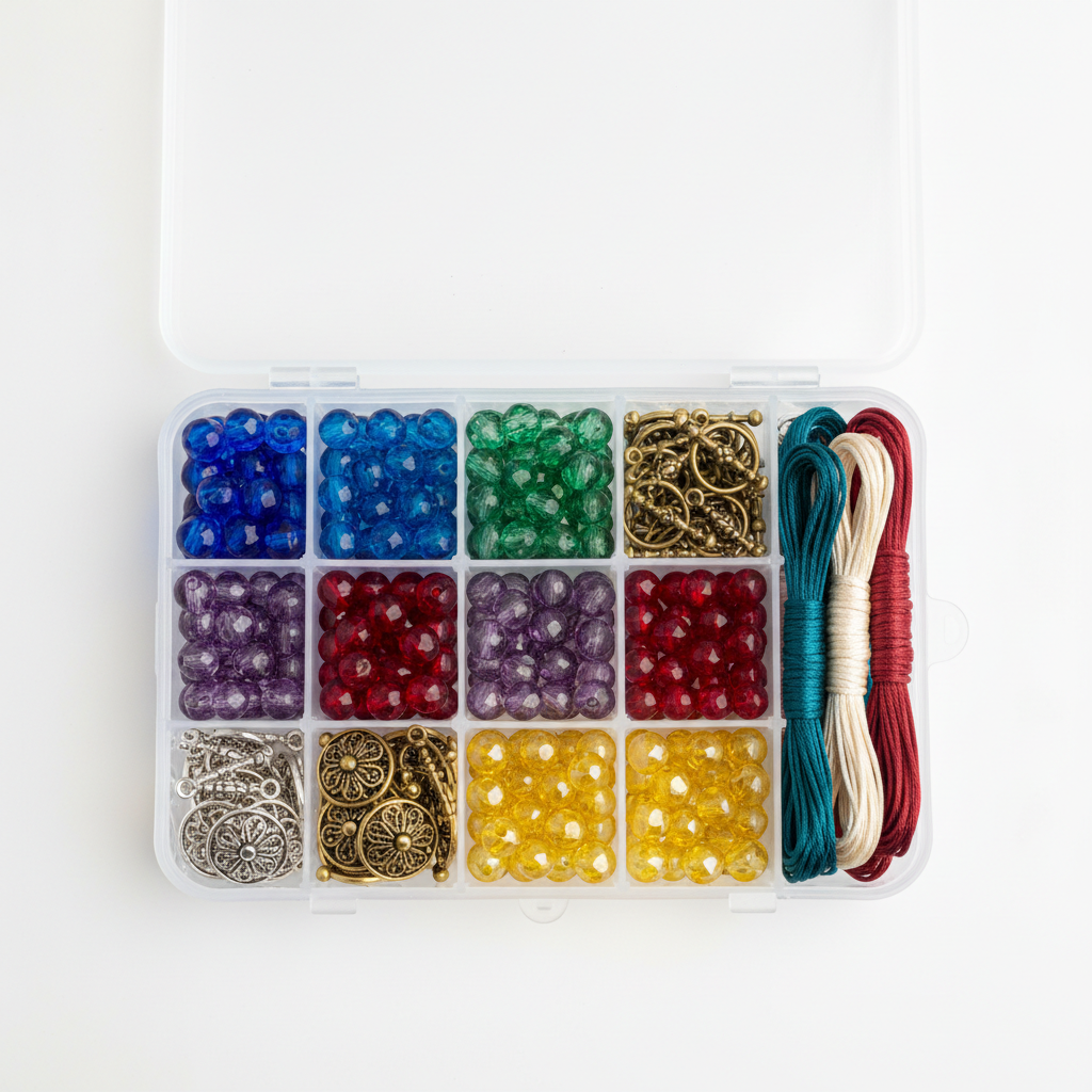 Starter Box contents: small selection of Czech glass beads, toggle clasps, and silk cord on white surface