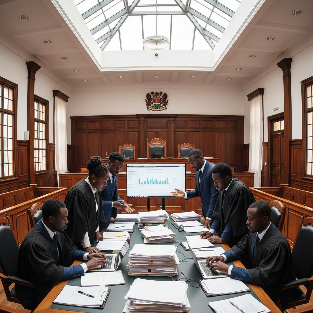 African legal professionals in a modern office setting reviewing documents and consulting with community members