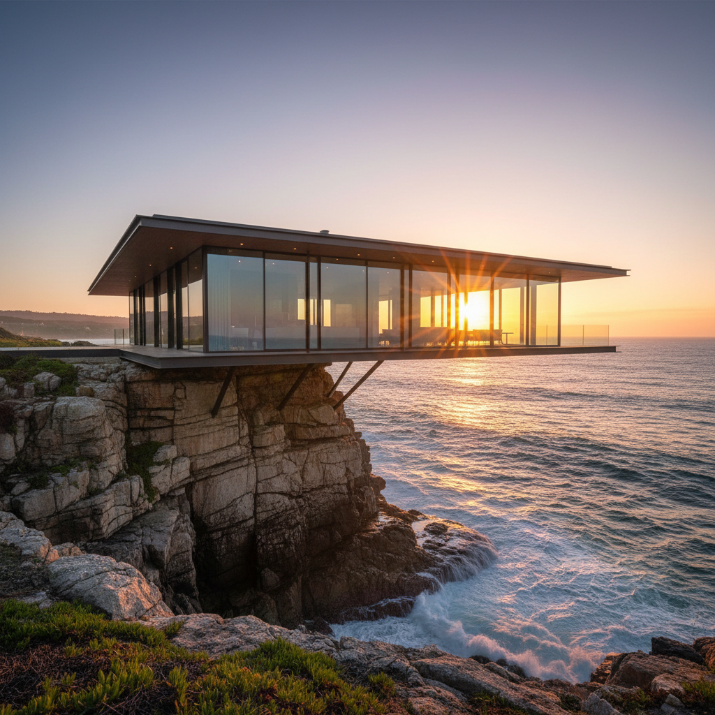 Cantilevered modernist house suspended over coastal cliff edge at dusk with warm interior glow