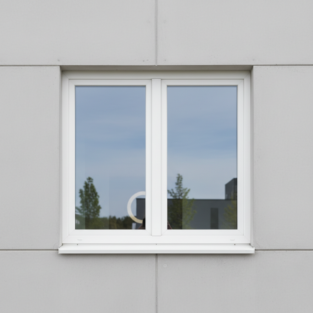 Large residential double-glazed window installation with suburban garden view, clear glass and white frames