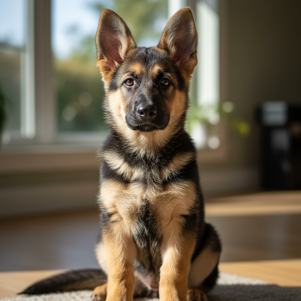 Marigold at 8 weeks, full sable coat, sitting confidently