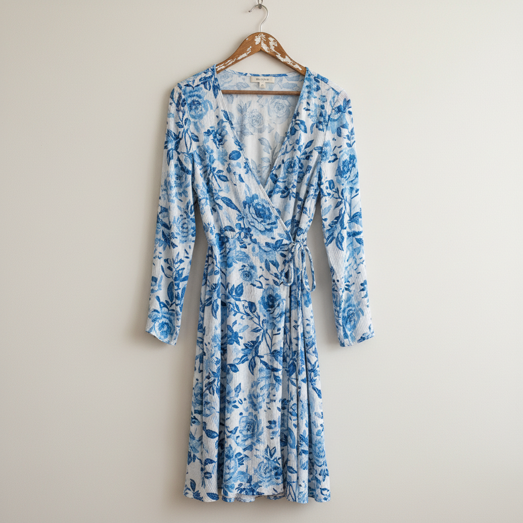 Floral wrap midi dress bright airy room white walls natural sunlight