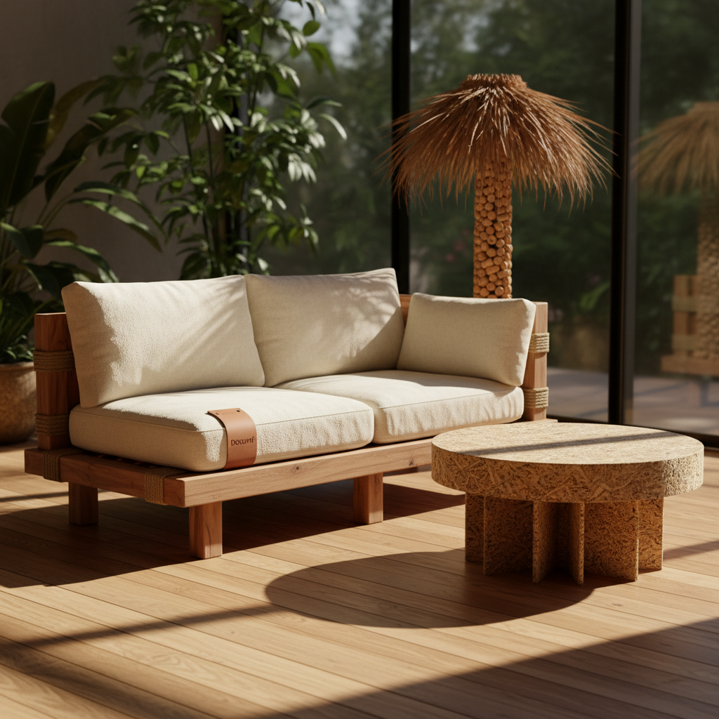 Handcrafted wooden sofa with curved arms and rich walnut finish displayed in a bright minimalist studio setting