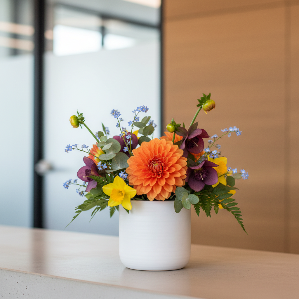 Compact elegant white flower arrangement in a modern vase for an office desk