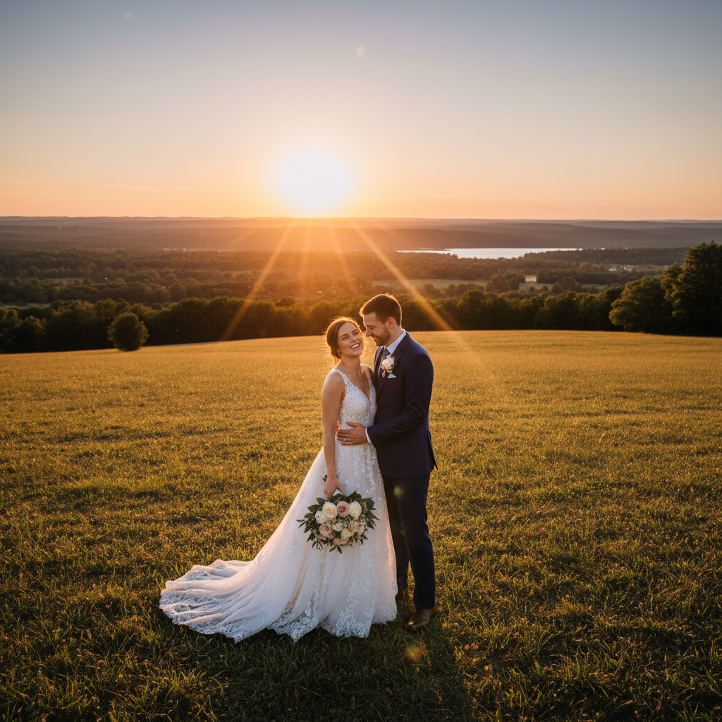 Wedding couple email newsletter preview with golden hour photography