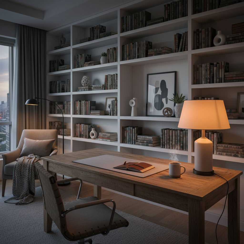 Staged home office with warm desk lamp and styled shelving