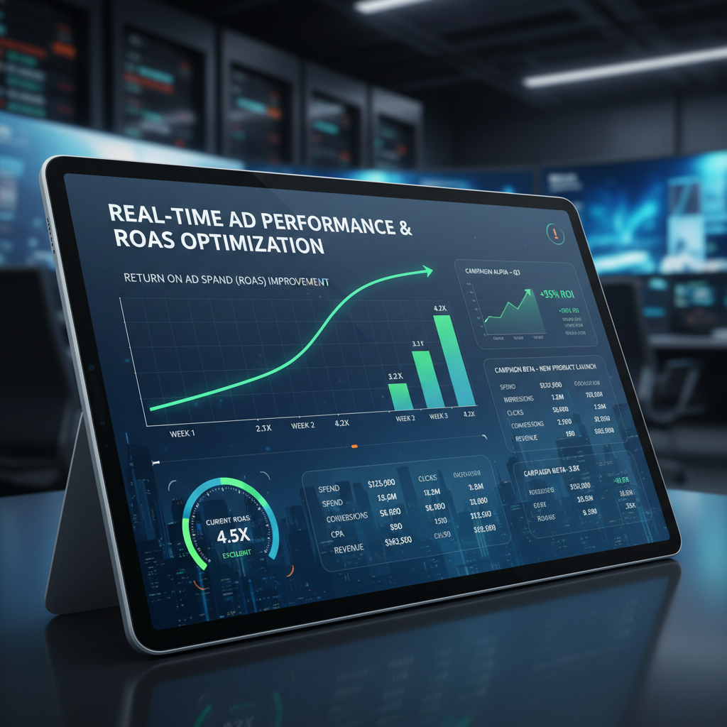 Google Ads campaign dashboard on monitor showing ROAS metrics, dark office environment, focused analyst