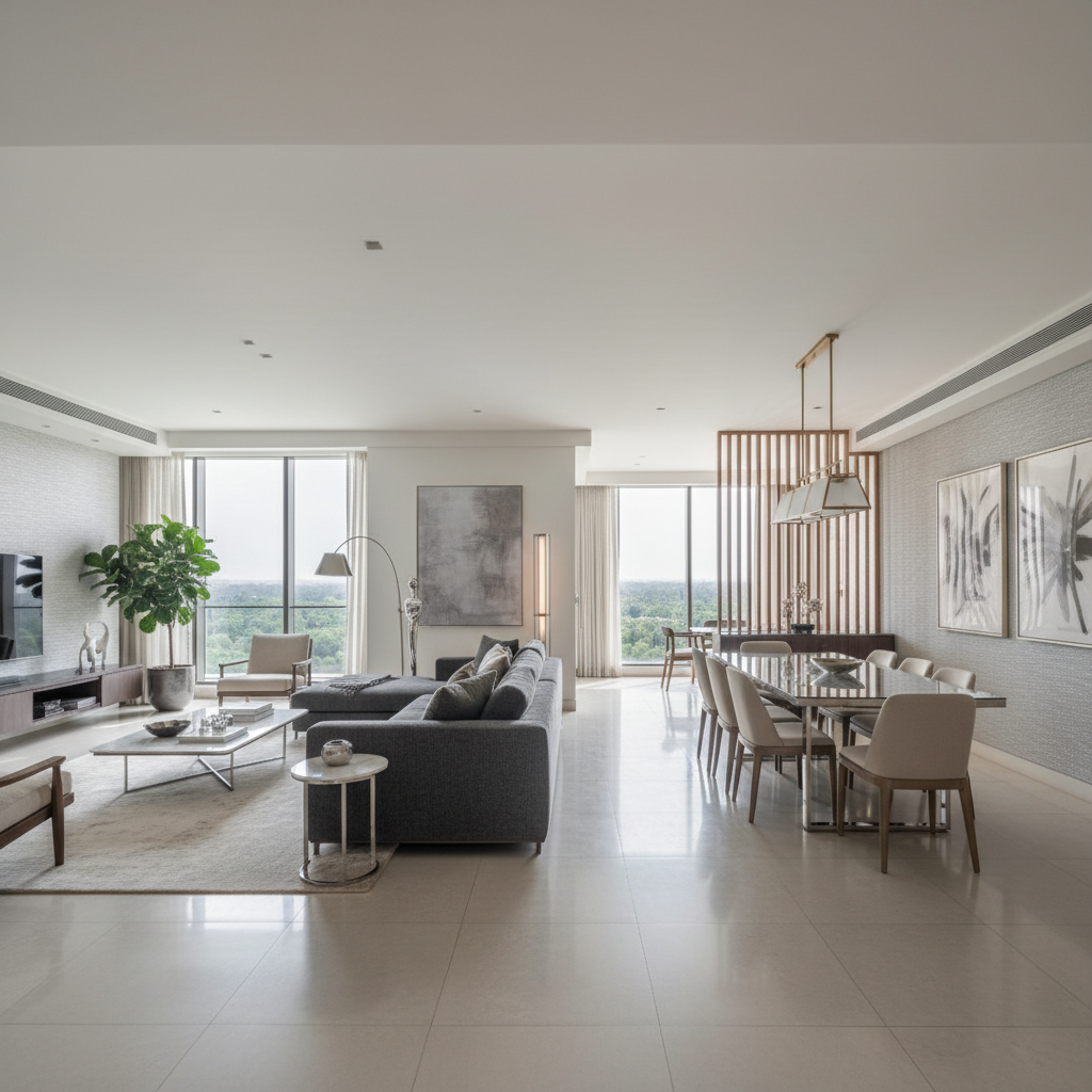 Luxury apartment interior with dark wood carpentry, warm lighting, and premium finishes in a high-end residential space