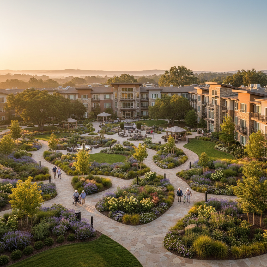 Assisted living community exterior at golden hour showing campus grounds