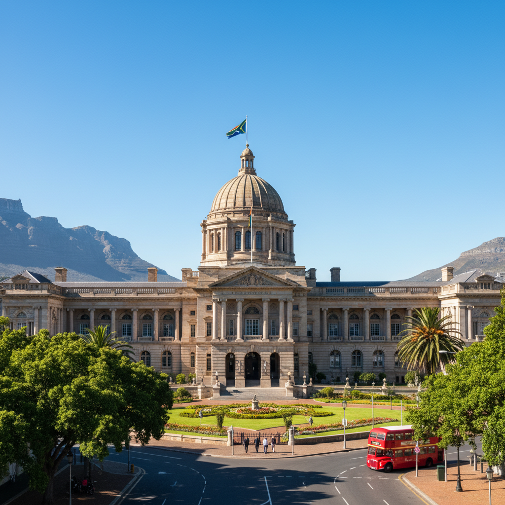 South African government parliament building exterior with overcast sky, grey stone architecture, formal political setting