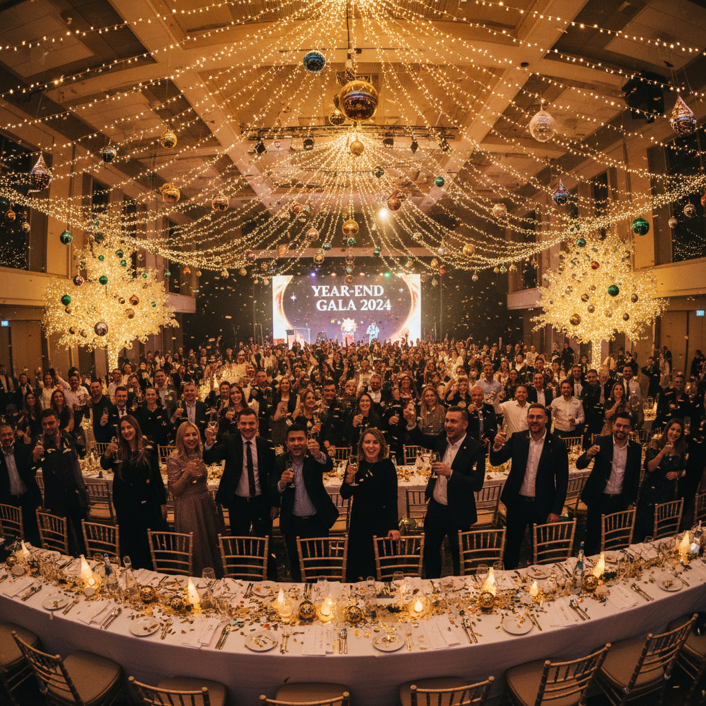 Fiesta de fin de año corporativa con decoración festiva en Región Metropolitana