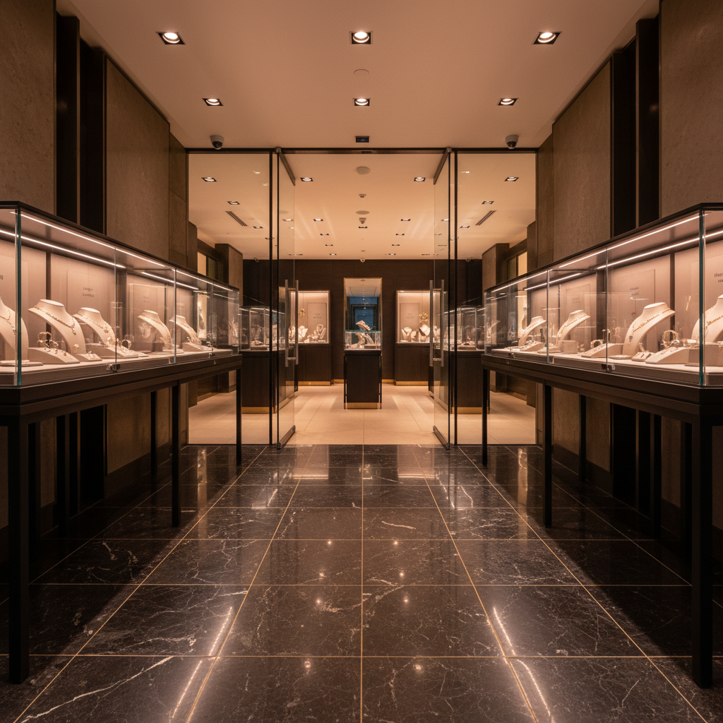 High-end retail store interior with illuminated acrylic display cases and product shelving, dark dramatic lighting, luxury brand atmosphere