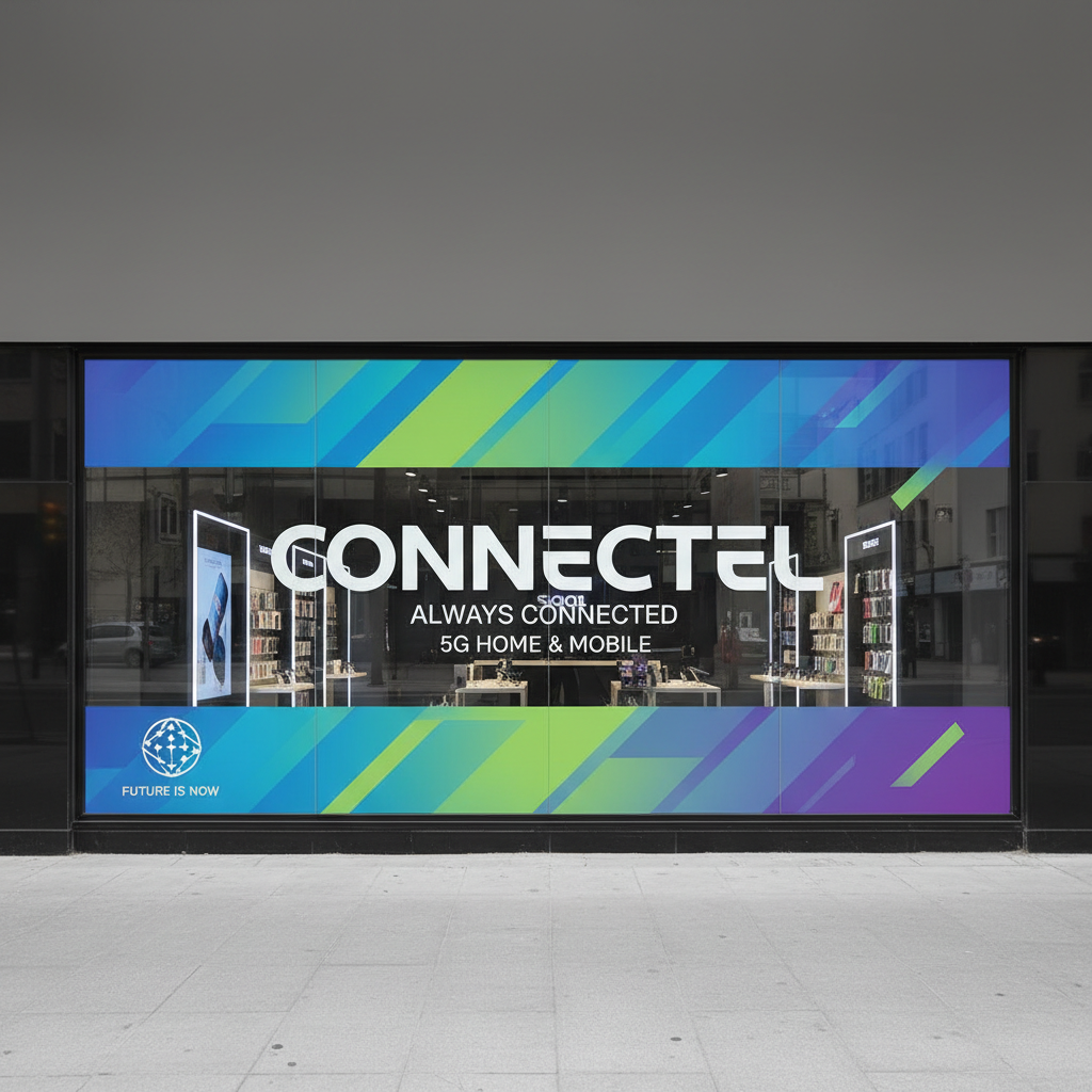 Telecom retail store facade with large-format brand graphics applied to glass storefront