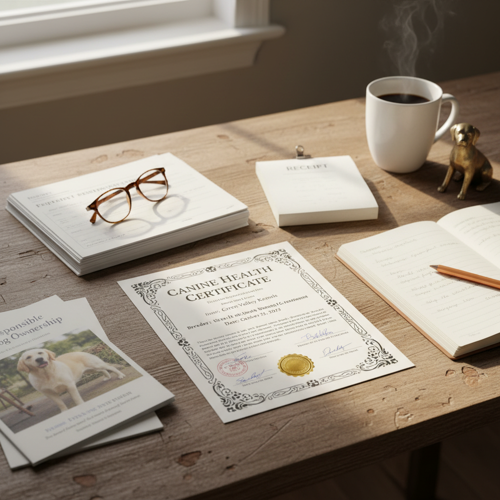Close-up of a health certificate and paperwork on a breeder's wooden desk with warm lighting