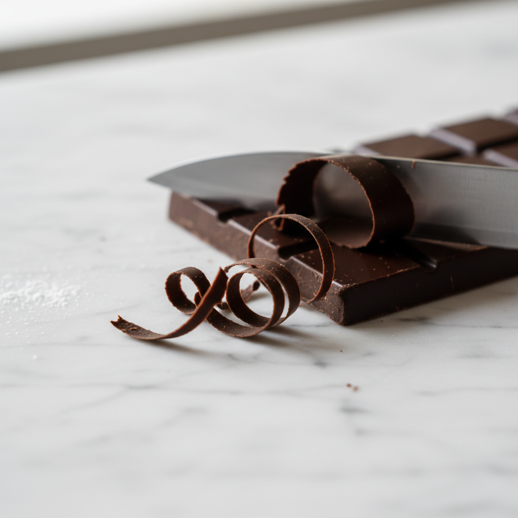 Dark chocolate bar being shaved with a knife creating elegant chocolate curls on a white marble surface