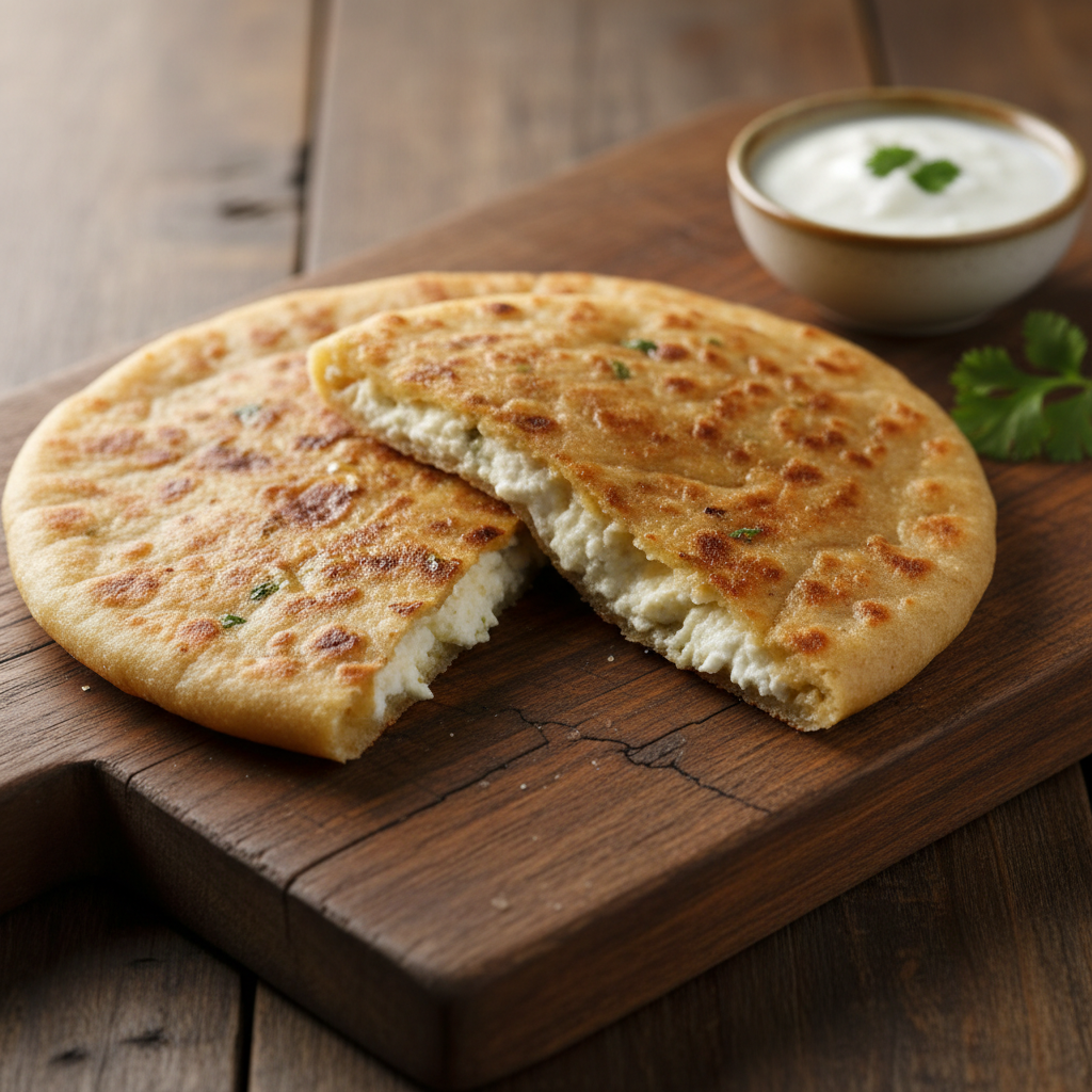 Aloo paratha stuffed flatbread golden brown with butter on iron griddle