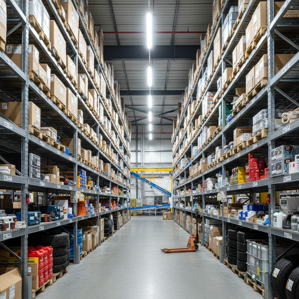 Professional industrial supply warehouse interior, organized shelving with commercial parts, professional environment