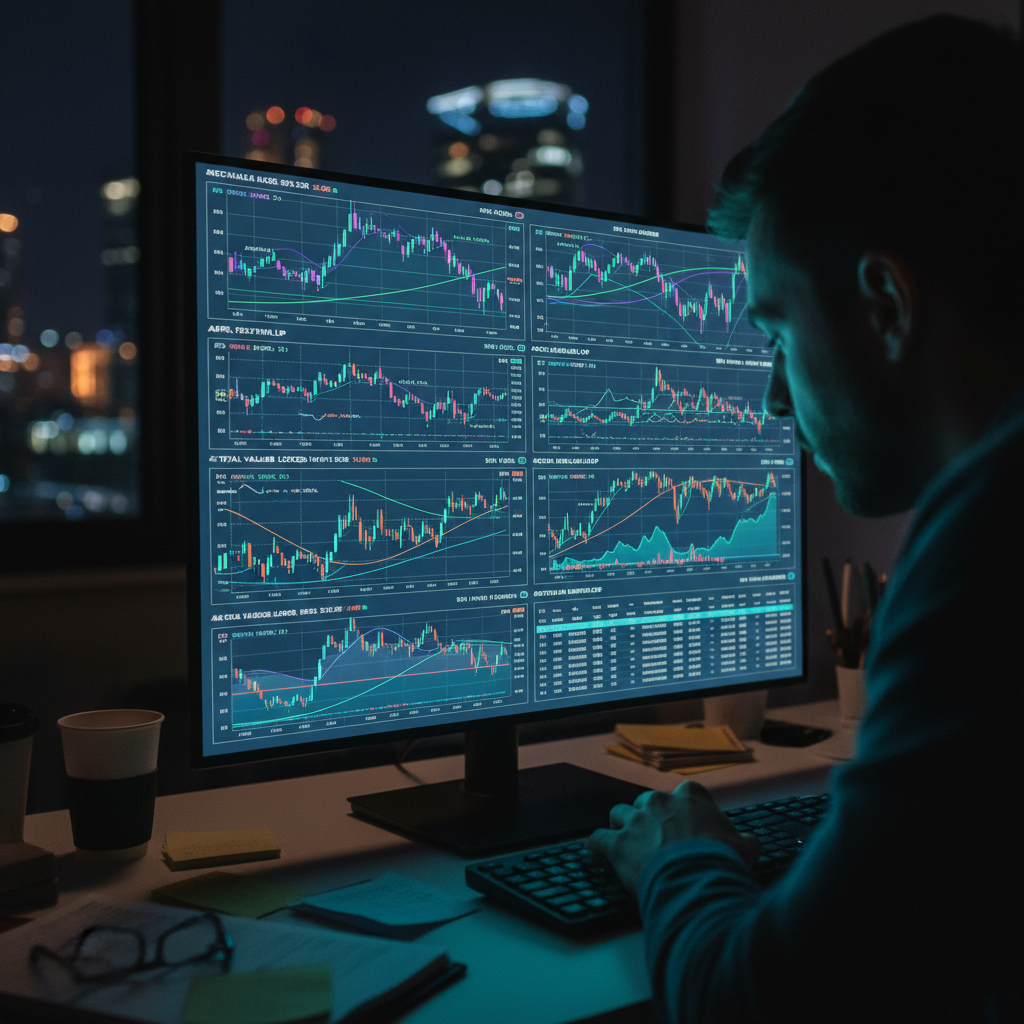 Terminal screen with DeFi protocol charts at night