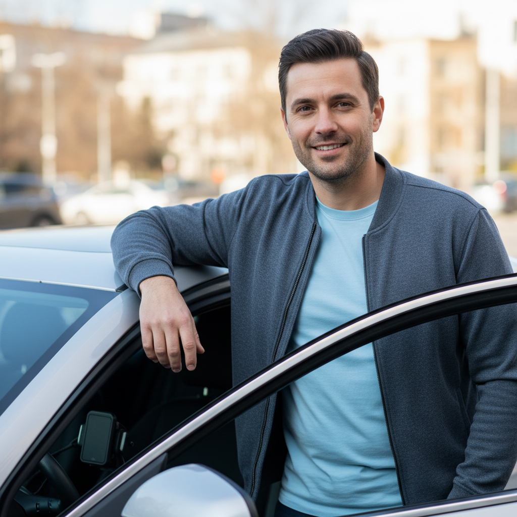Marcus Webb, rideshare driver with short hair and casual jacket