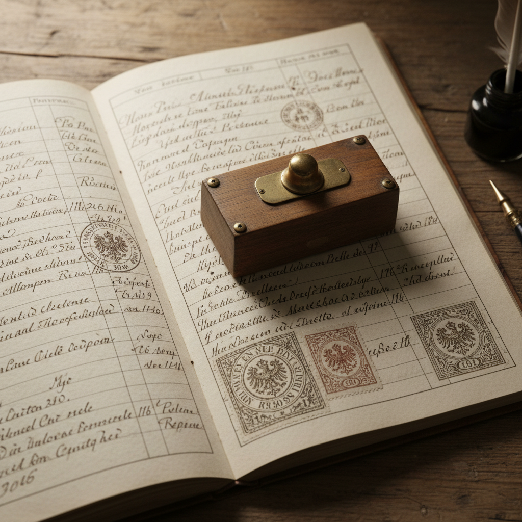 Overhead view of handwritten land register pages with columns of script, revenue stamps, and a wooden paperweight holding the page flat — archival document photography