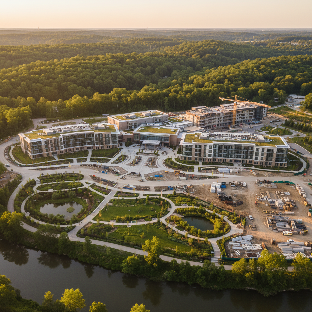 Aerial view of CCRC campus expansion at golden hour showing new construction