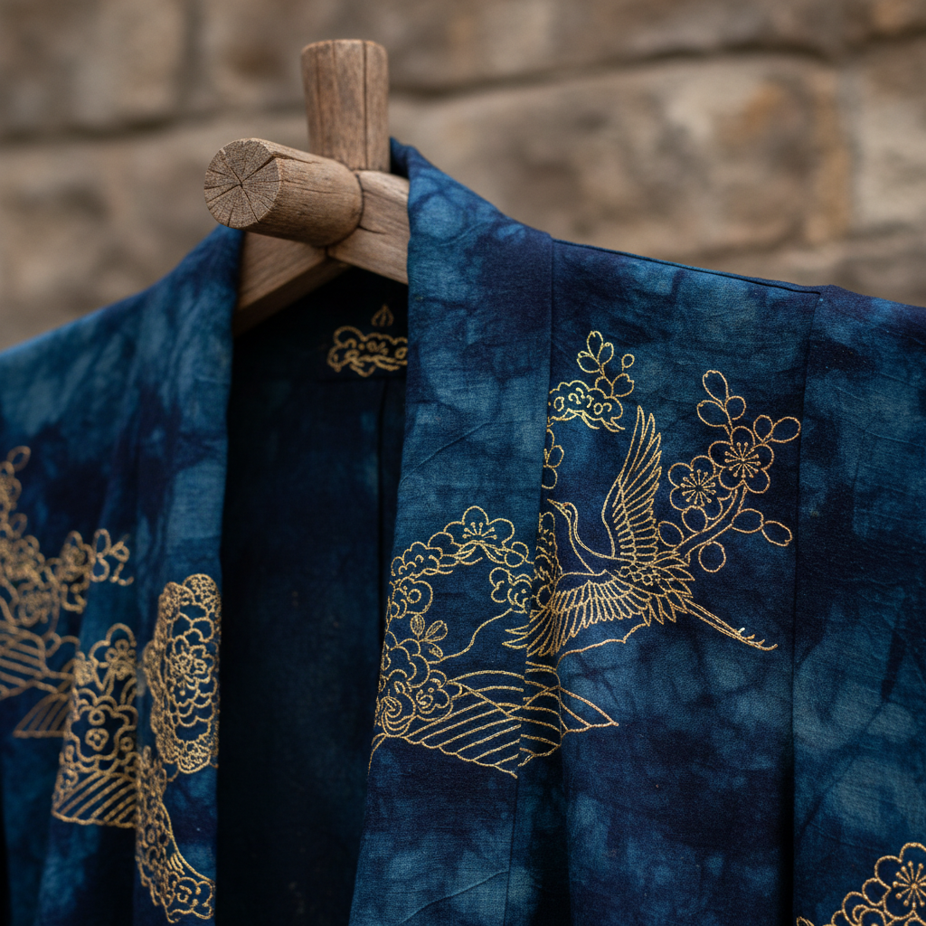 Hand-dyed indigo kimono with gold thread details hanging on wooden peg