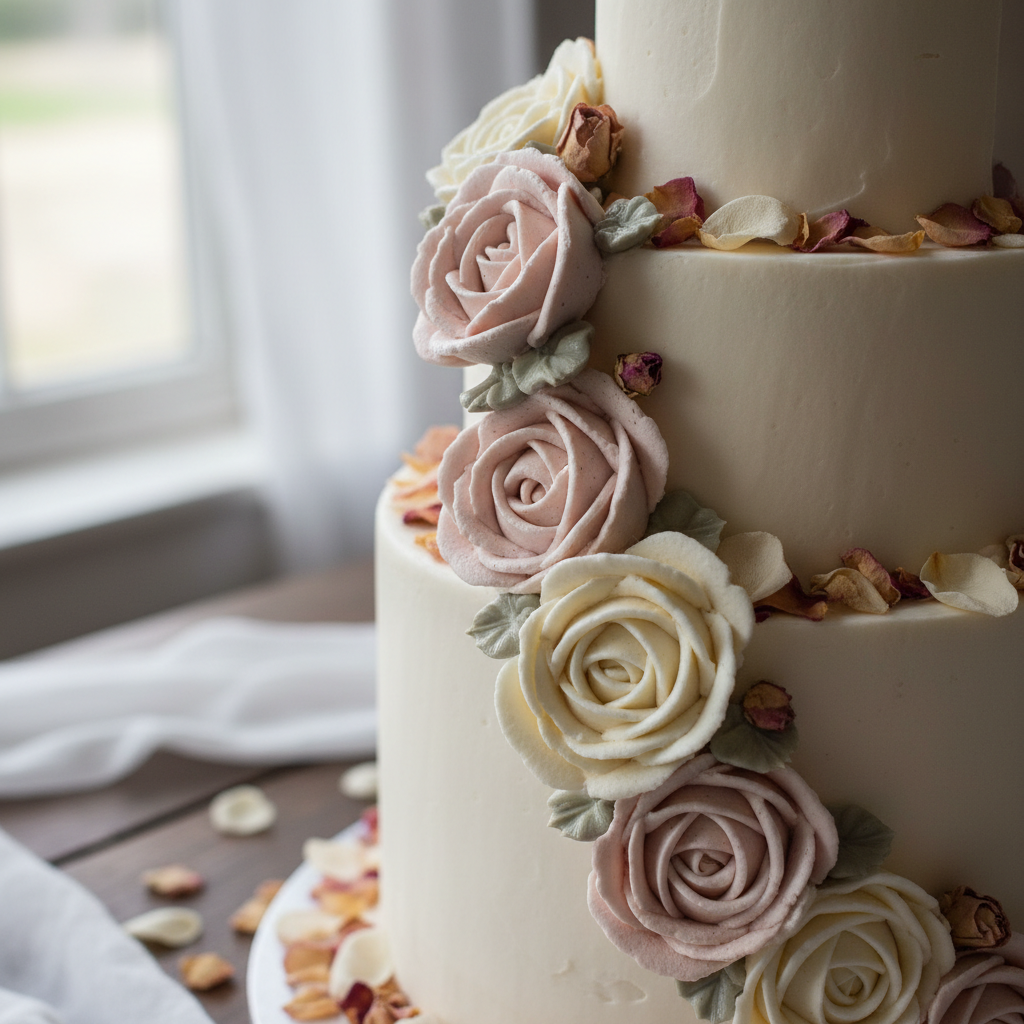 Close-up of hand-piped rose buttercream swirls on white cake