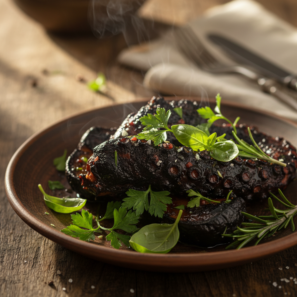 Charred wood-fired dish plated with herbs on rustic ceramic plate