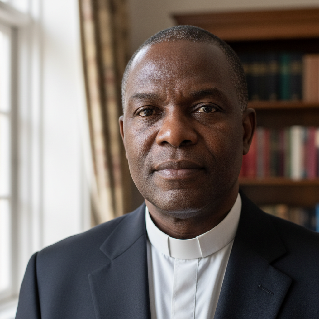 Portrait of a middle-aged Nigerian man, confident expression, rural outdoor setting